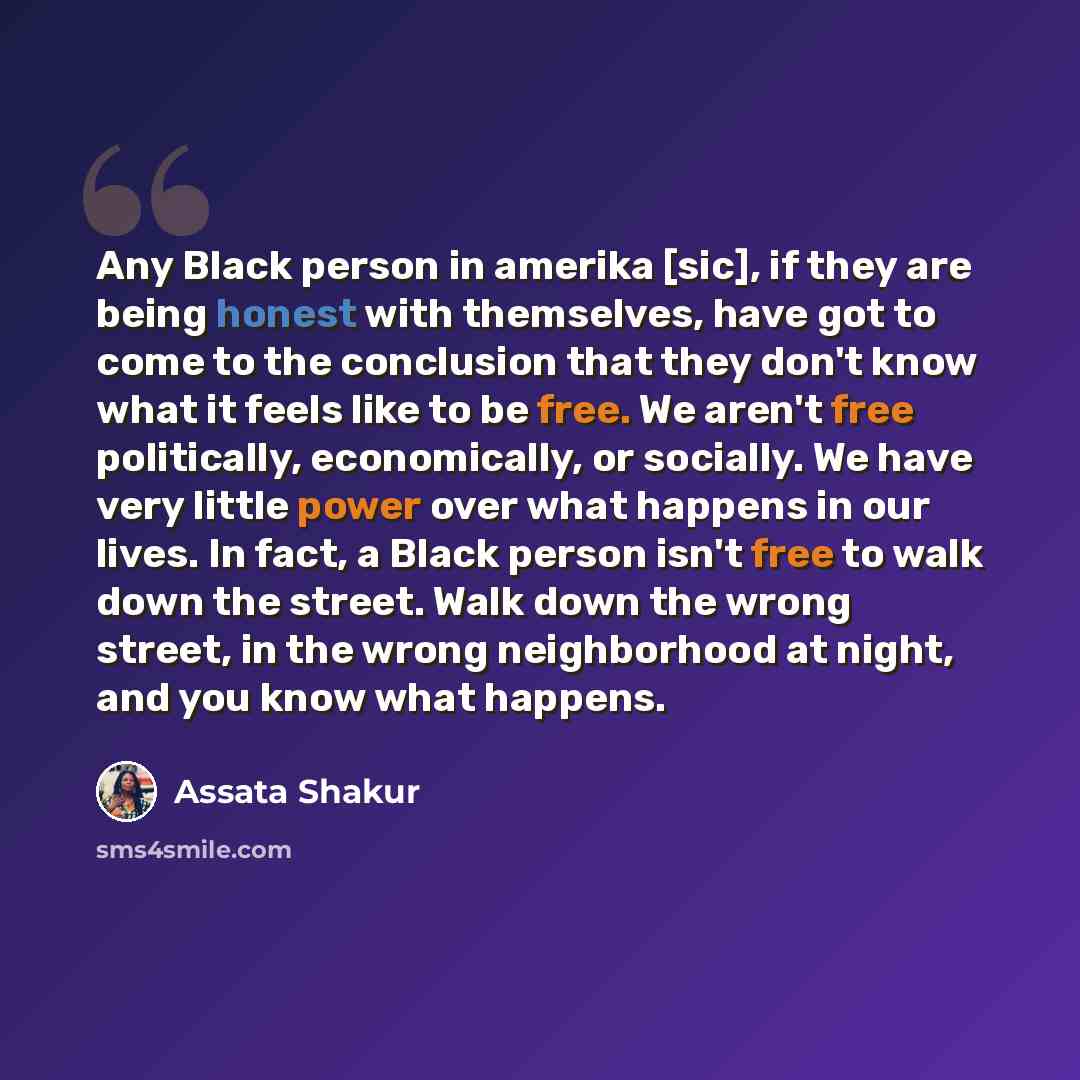 “Any Black person in amerika [sic], if they are being honest with themselves, have got to come to the conclusion that they don't know what it feels like to be free. We aren't free politically, economically, or socially. We have very little power over what happens in our lives. In fact, a Black…” quote by Assata Shakur