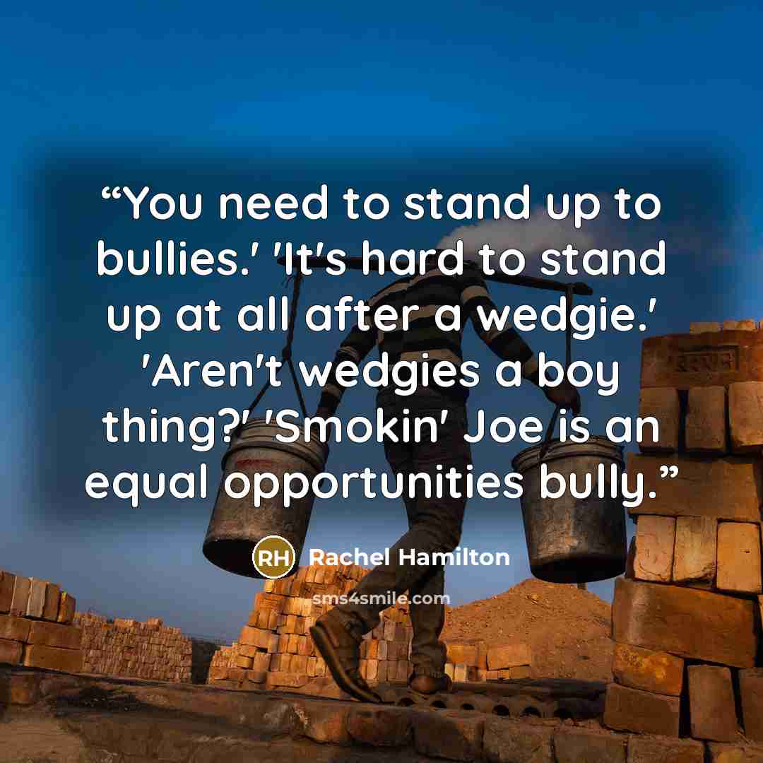 “You need to stand up to bullies.' 'It's hard to stand up at all after a wedgie.' 'Aren't wedgies a boy thing?' 'Smokin' Joe is an equal opportunities bully.” quote by Rachel Hamilton