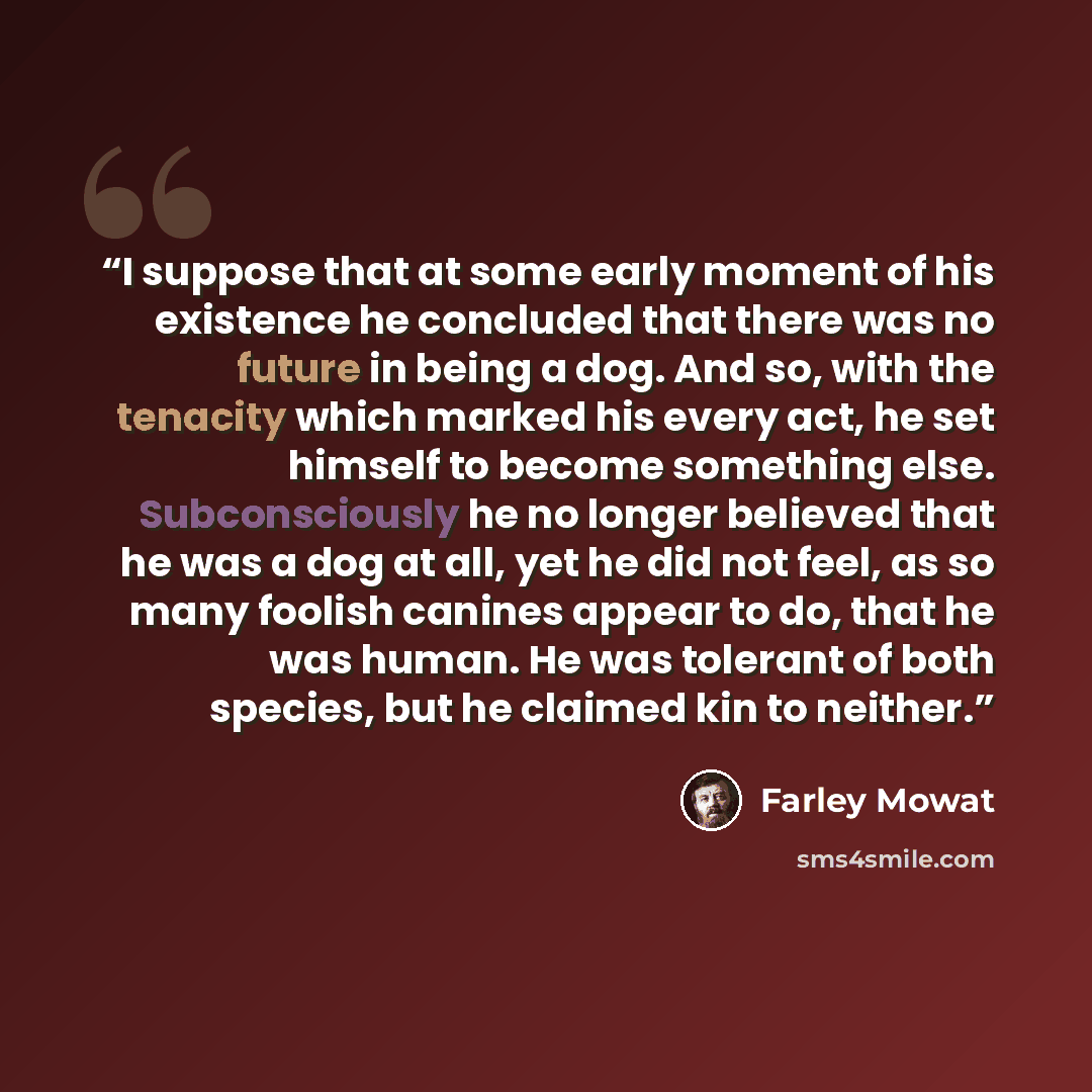 “I suppose that at some early moment of his existence he concluded that there was no future in being a dog. And so, with the tenacity which marked his every act, he set himself to become something else. Subconsciously he no longer believed that he was a dog at all, yet he did not feel, as so many…” quote by Farley Mowat