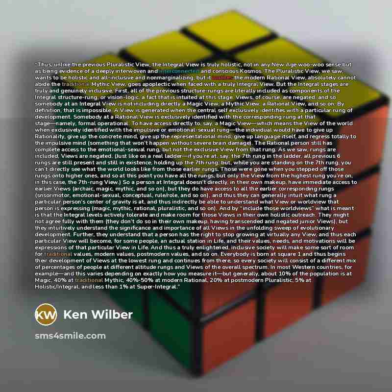 “Thus, unlike the previous Pluralistic View, the Integral View is truly holistic, not in any New Age woo-woo sense but as being evidence of a deeply interwoven and interconnected and conscious Kosmos. The Pluralistic View, we saw, wants to be holistic and all-inclusive and nonmarginalizing, but it…” quote by Ken Wilber