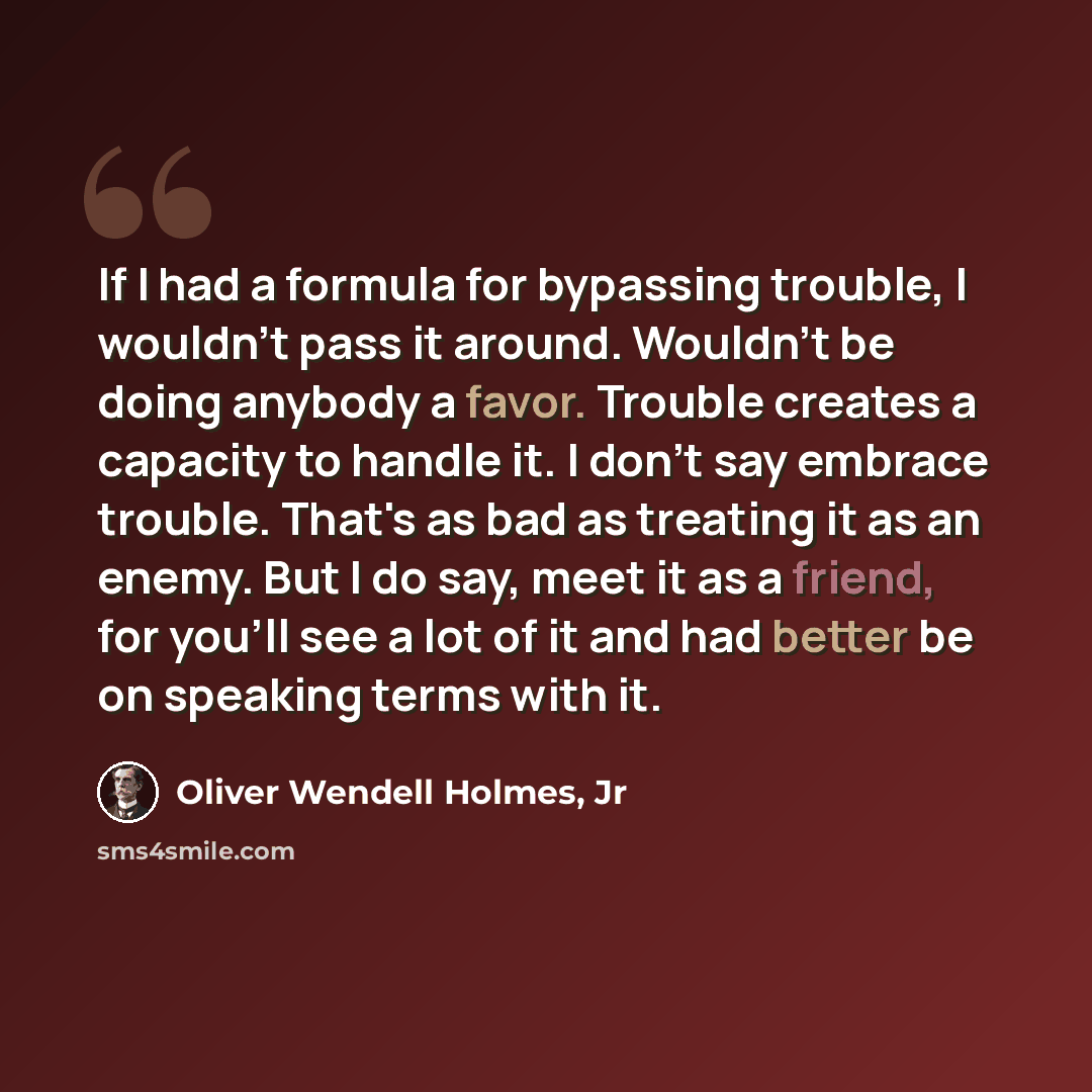 “If I had a formula for bypassing trouble, I wouldn't pass it around. Wouldn't be doing anybody a favor. Trouble creates a capacity to handle it. I don't say embrace trouble. That's as bad as treating it as an enemy. But I do say, meet it as a friend, for you'll see a lot of it and had better be on…” quote by Oliver Wendell Holmes, Jr