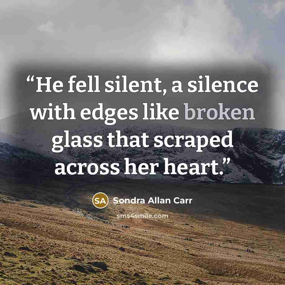 “He fell silent, a silence with edges like broken glass that scraped across her heart.” quote by Sondra Allan Carr