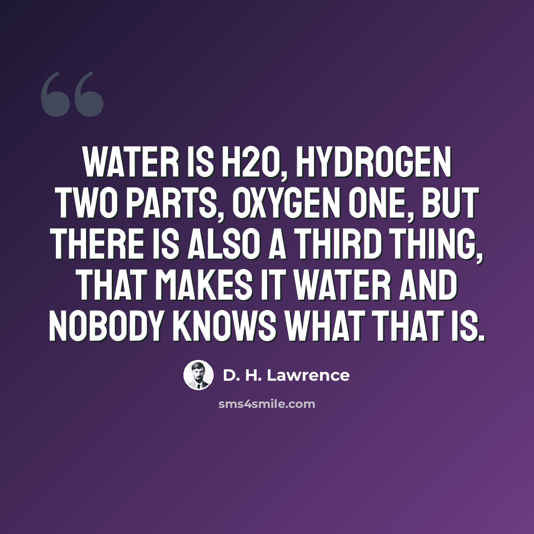 “Water is H2O, hydrogen two parts, oxygen one, but there is also a third thing, that makes it water and nobody knows what that is.” quote by D. H. Lawrence