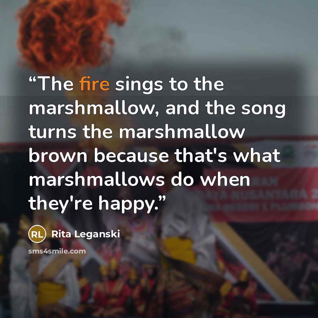 “The fire sings to the marshmallow, and the song turns the marshmallow brown because that's what marshmallows do when they're happy.” quote by Rita Leganski