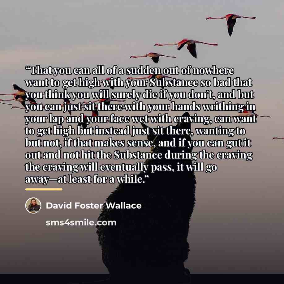“That you can all of a sudden out of nowhere want to get high with your Substance so bad that you think you will surely die if you don’t, and but you can just sit there with your hands writhing in your lap and your face wet with craving, can want to get high but instead just sit there, wanting to…” quote by David Foster Wallace