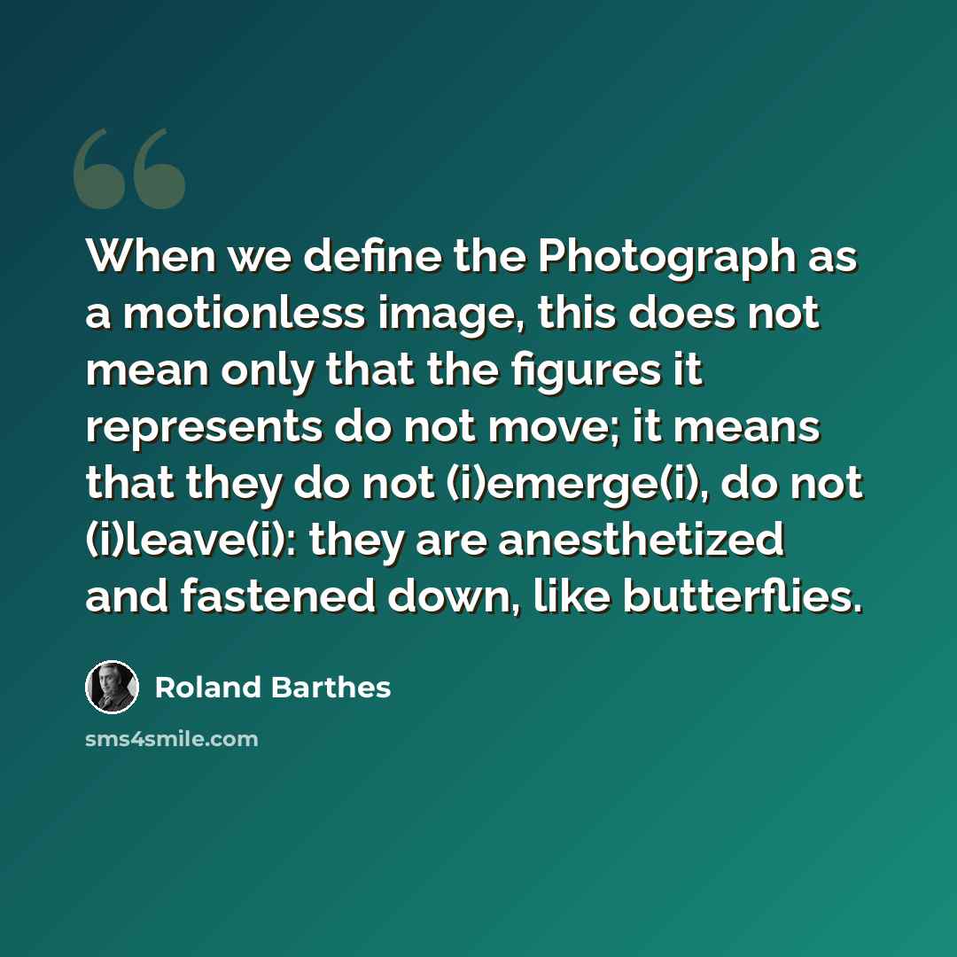 “When we define the Photograph as a motionless image, this does not mean only that the figures it represents do not move; it means that they do not (i)emerge(i), do not (i)leave(i): they are anesthetized and fastened down, like butterflies.” quote by Roland Barthes