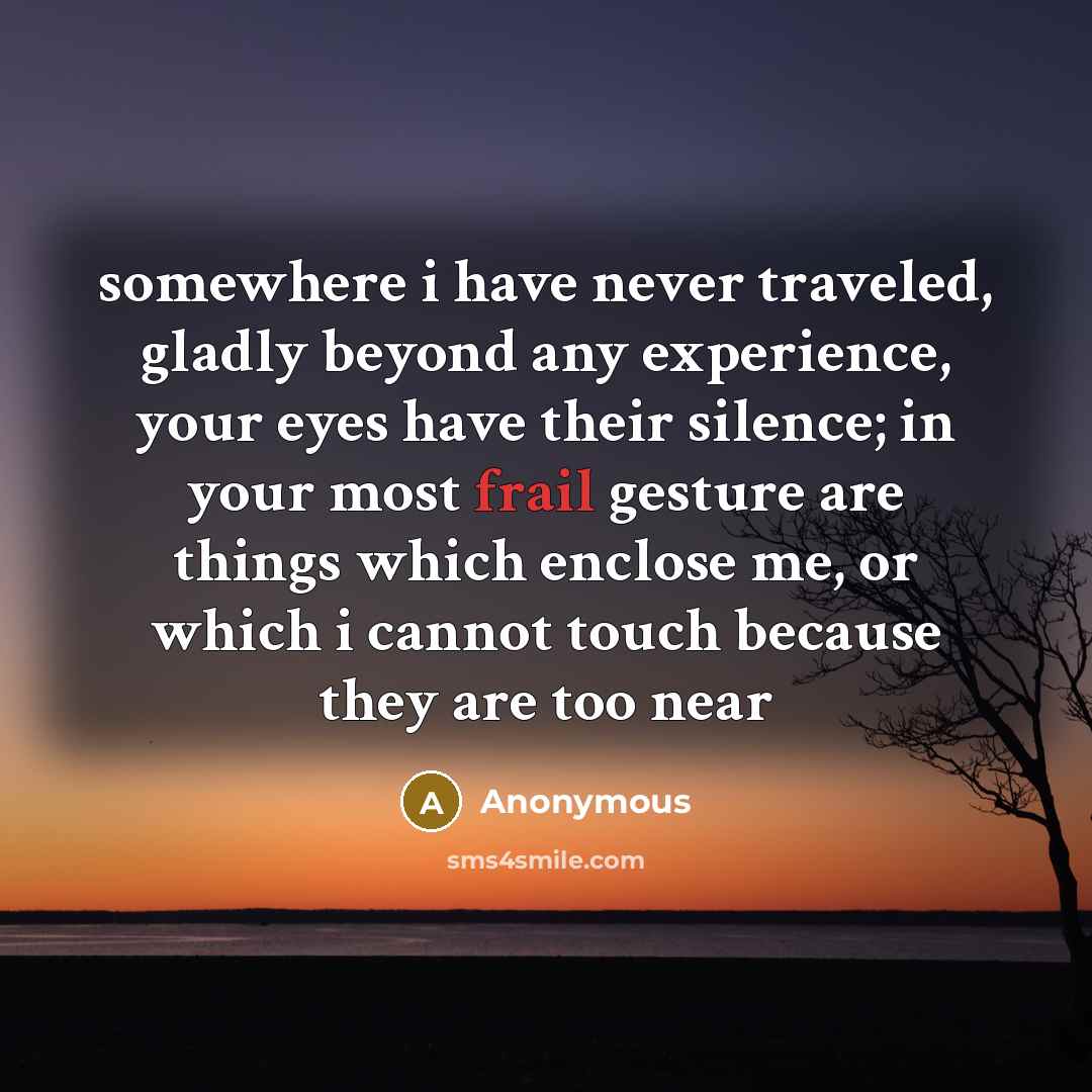 “somewhere i have never traveled, gladly beyond any experience, your eyes have their silence; in your most frail gesture are things which enclose me, or which i cannot touch because they are too near” quote by Anonymous