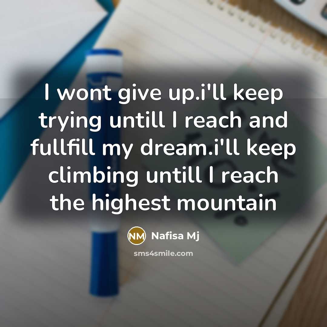 “I wont give up.i'll keep trying untill I reach and fullfill my dream.i'll keep climbing untill I reach the highest mountain” quote by Nafisa Mj