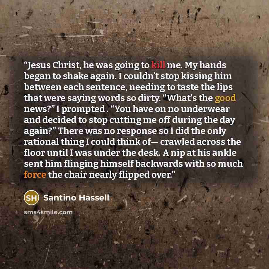“Jesus Christ, he was going to kill me. My hands began to shake again. I couldn’t stop kissing him between each sentence, needing to taste the lips that were saying words so dirty. “What’s the good news?” I prompted . “You have on no underwear and decided to stop cutting me off during the day…” quote by Santino Hassell