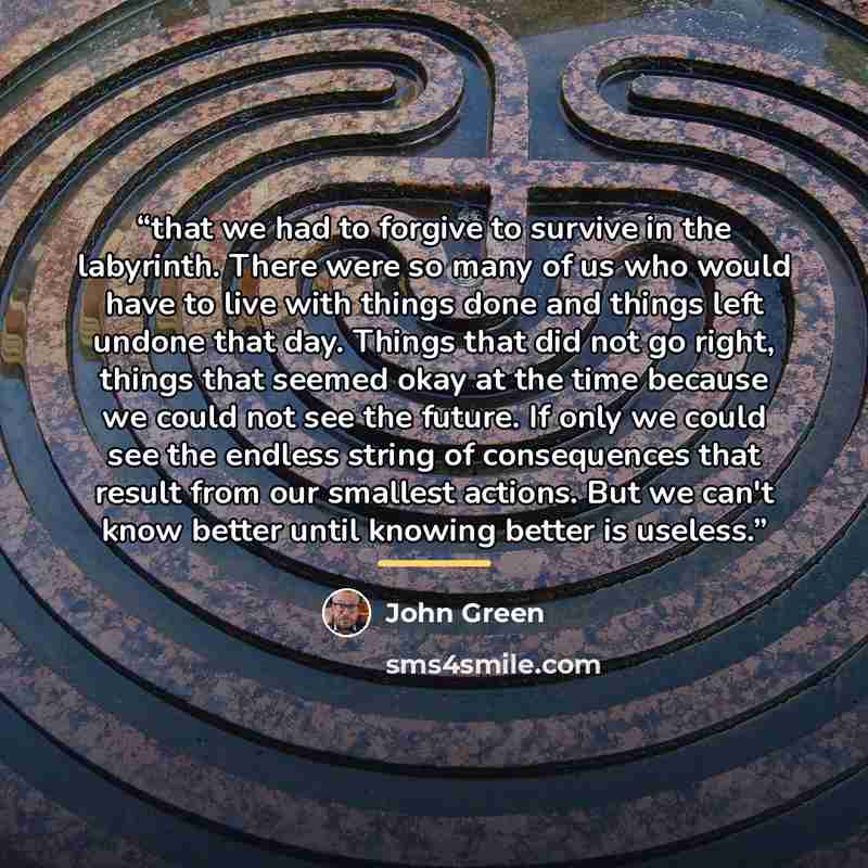 “that we had to forgive to survive in the labyrinth. There were so many of us who would have to live with things done and things left undone that day. Things that did not go right, things that seemed okay at the time because we could not see the future. If only we could see the endless string of…” quote by John Green