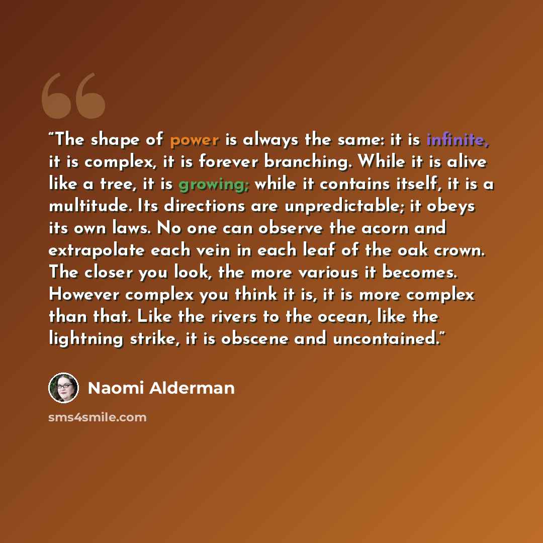“The shape of power is always the same: it is infinite, it is complex, it is forever branching. While it is alive like a tree, it is growing; while it contains itself, it is a multitude. Its directions are unpredictable; it obeys its own laws. No one can observe the acorn and extrapolate each vein…” quote by Naomi Alderman