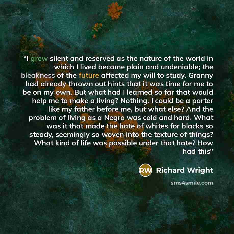“I grew silent and reserved as the nature of the world in which I lived became plain and undeniable; the bleakness of the future affected my will to study. Granny had already thrown out hints that it was time for me to be on my own. But what had I learned so far that would help me to make a living?…” quote by Richard Wright