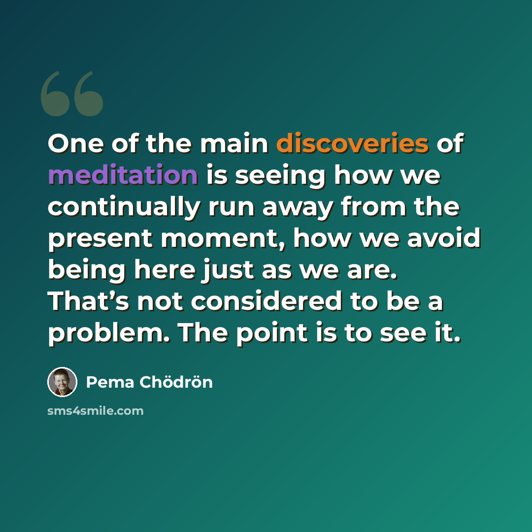 “One of the main discoveries of meditation is seeing how we continually run away from the present moment, how we avoid being here just as we are. That’s not considered to be a problem. The point is to see it.” quote by Pema Chodron
