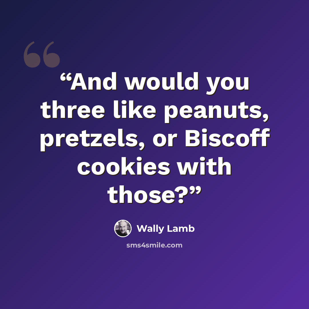 “And would you three like peanuts, pretzels, or Biscoff cookies with those?” quote by Wally Lamb