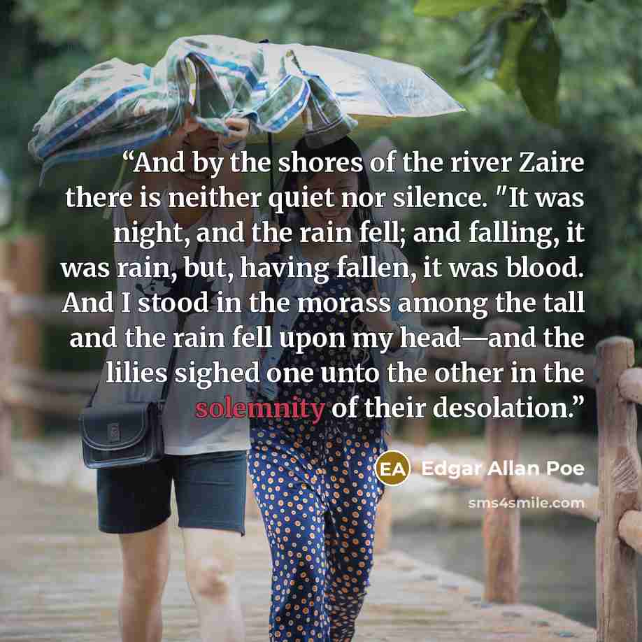“And by the shores of the river Zaire there is neither quiet nor silence. "It was night, and the rain fell; and falling, it was rain, but, having fallen, it was blood. And I stood in the morass among the tall and the rain fell upon my head—and the lilies sighed one unto the other in the solemnity…” quote by Edgar Allan Poe