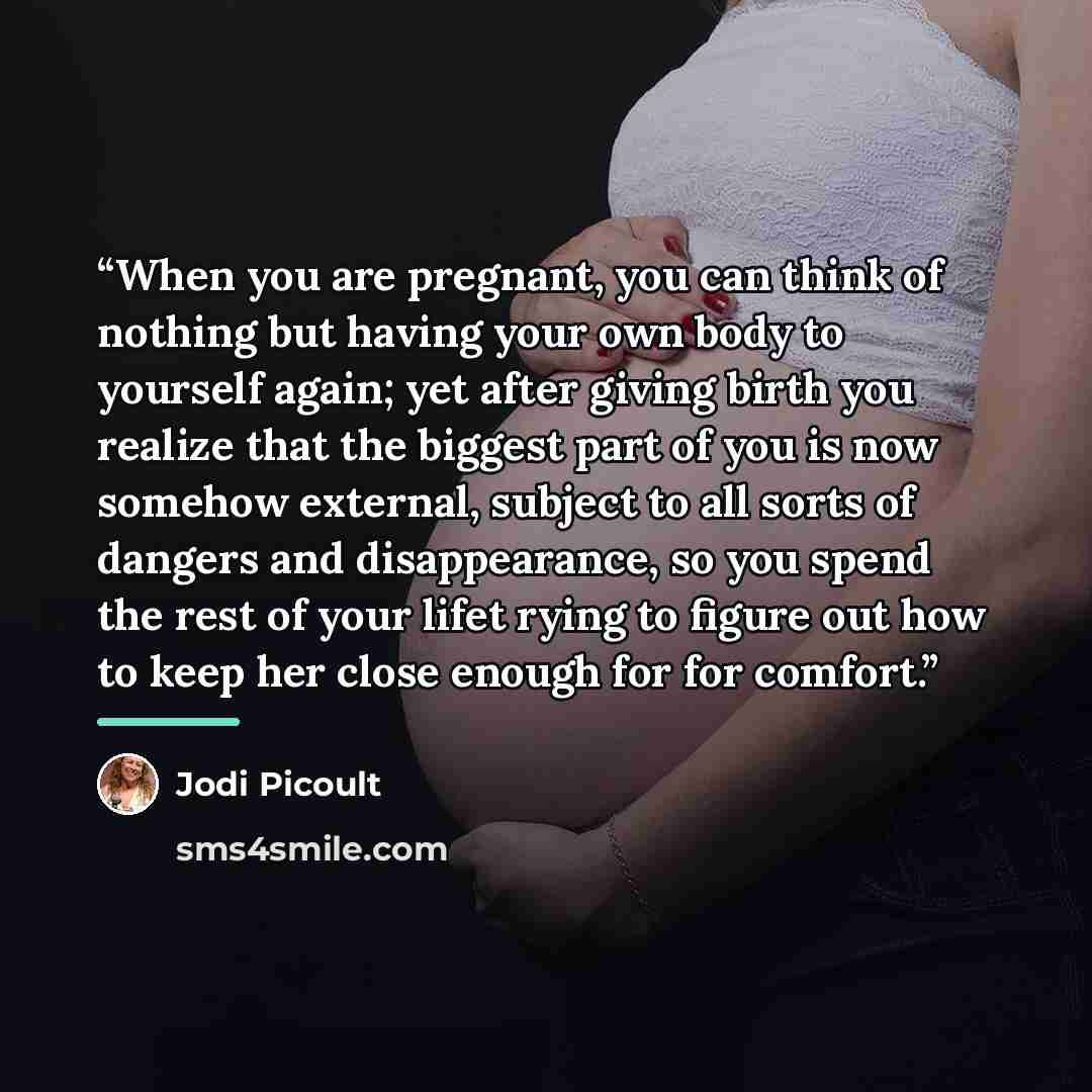 “When you are pregnant, you can think of nothing but having your own body to yourself again; yet after giving birth you realize that the biggest part of you is now somehow external, subject to all sorts of dangers and disappearance, so you spend the rest of your lifet rying to figure out how to…” quote by Jodi Picoult