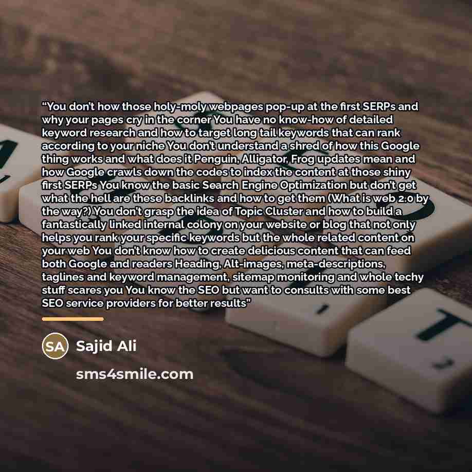 “You don’t how those holy-moly webpages pop-up at the first SERPs and why your pages cry in the corner You have no know-how of detailed keyword research and how to target long tail keywords that can rank according to your niche You don’t understand a shred of how this Google thing works and what…” quote by Anonymous