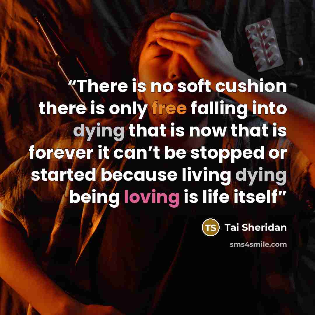 “There is no soft cushion there is only free falling into dying that is now that is forever it can’t be stopped or started because living dying being loving is life itself” quote by Tai Sheridan