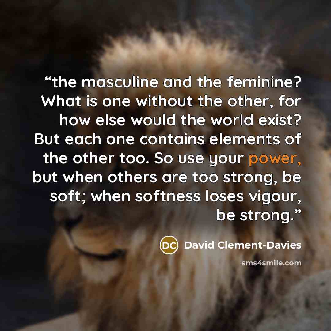 “the masculine and the feminine? What is one without the other, for how else would the world exist? But each one contains elements of the other too. So use your power, but when others are too strong, be soft; when softness loses vigour, be strong.” quote by David Clement-Davies