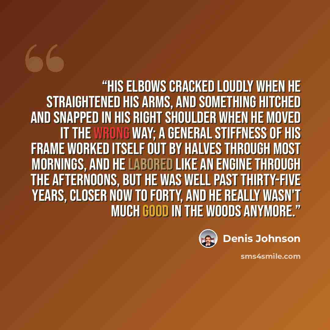 “His elbows cracked loudly when he straightened his arms, and something hitched and snapped in his right shoulder when he moved it the wrong way; a general stiffness of his frame worked itself out by halves through most mornings, and he labored like an engine through the afternoons, but he was well…” quote by Denis Johnson