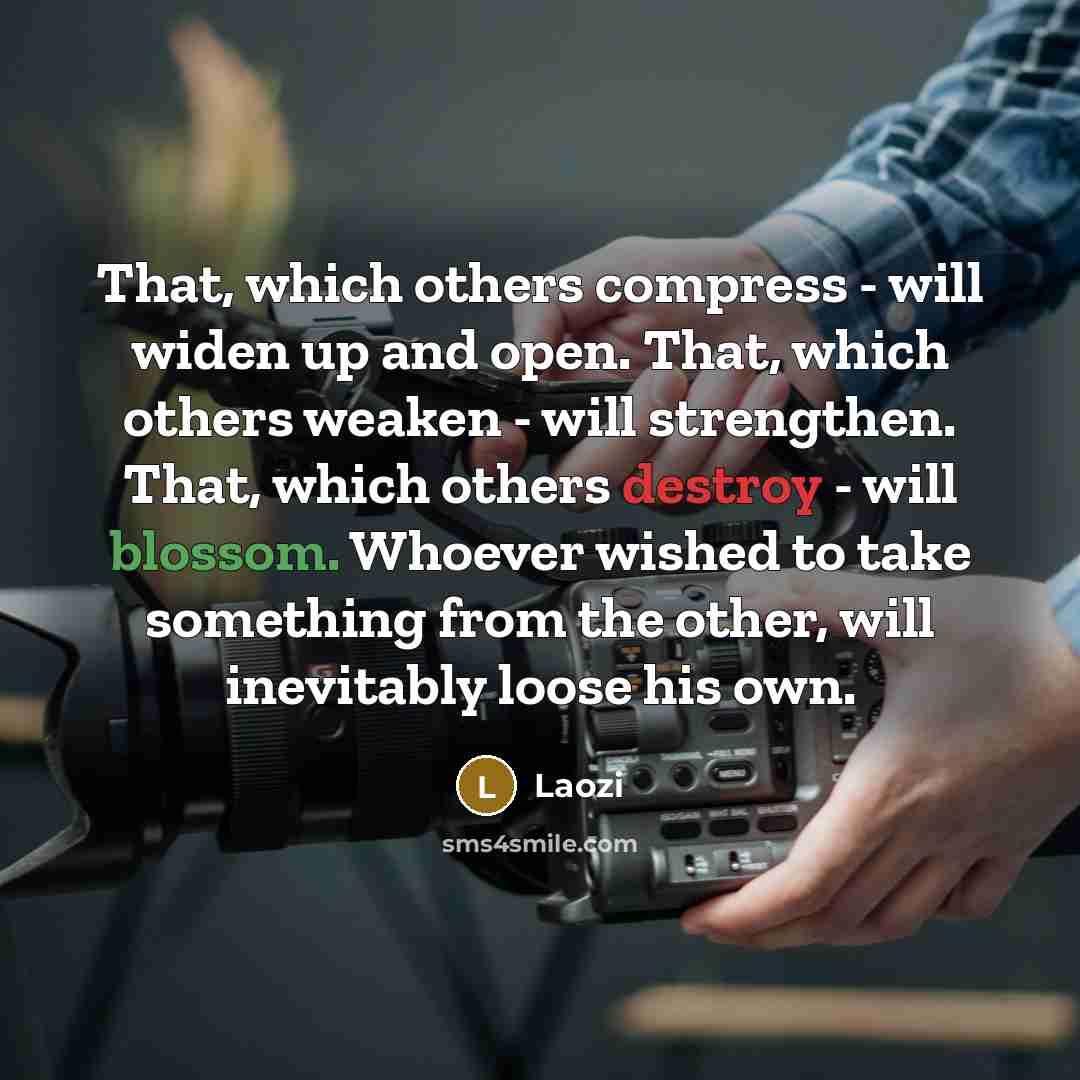 “That, which others compress - will widen up and open. That, which others weaken - will strengthen. That, which others destroy - will blossom. Whoever wished to take something from the other, will inevitably loose his own.” quote by Laozi