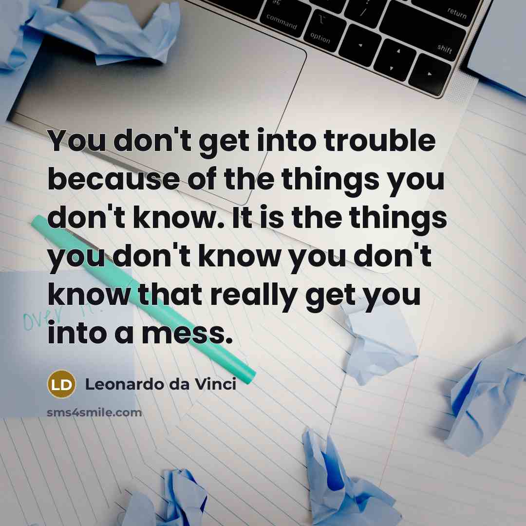“You don't get into trouble because of the things you don't know. It is the things you don't know you don't know that really get you into a mess.” quote by Leonardo da Vinci