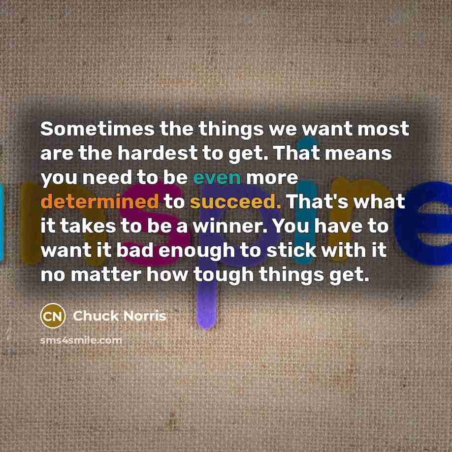 “Sometimes the things we want most are the hardest to get. That means you need to be even more determined to succeed. That's what it takes to be a winner. You have to want it bad enough to stick with it no matter how tough things get.” quote by Chuck Norris