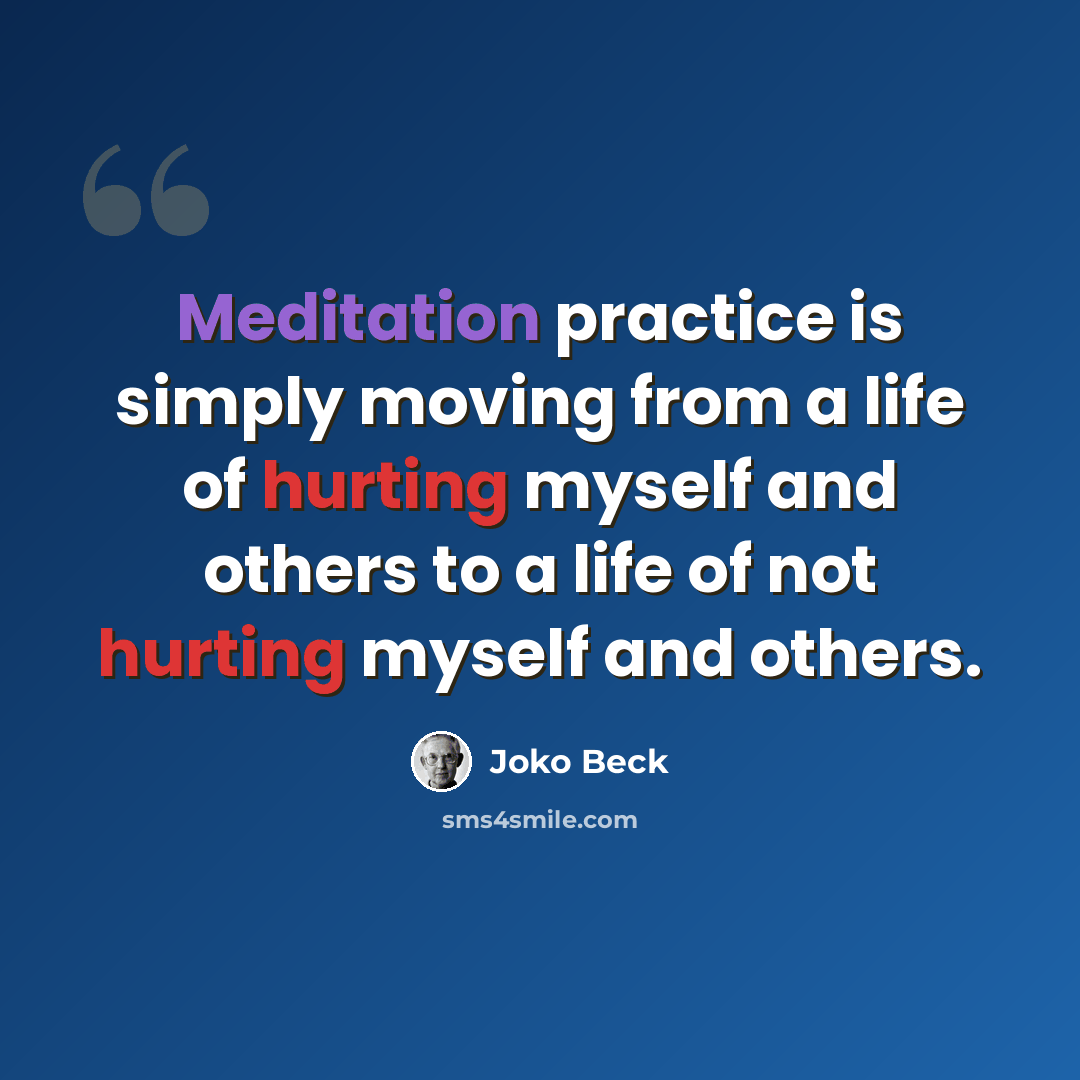“Meditation practice is simply moving from a life of hurting myself and others to a life of not hurting myself and others.” quote by Joko Beck