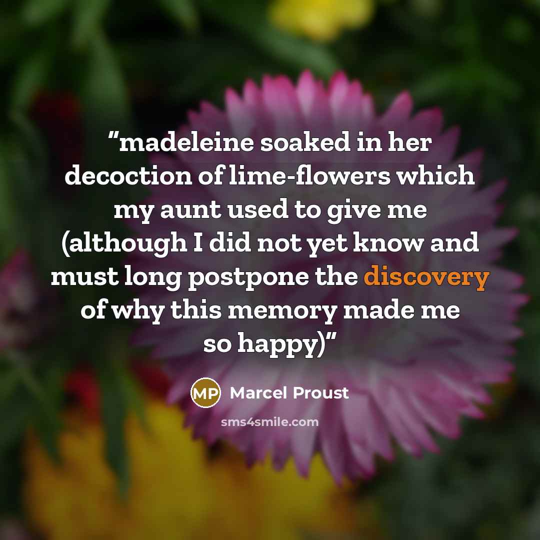 “madeleine soaked in her decoction of lime-flowers which my aunt used to give me (although I did not yet know and must long postpone the discovery of why this memory made me so happy)” quote by Marcel Proust
