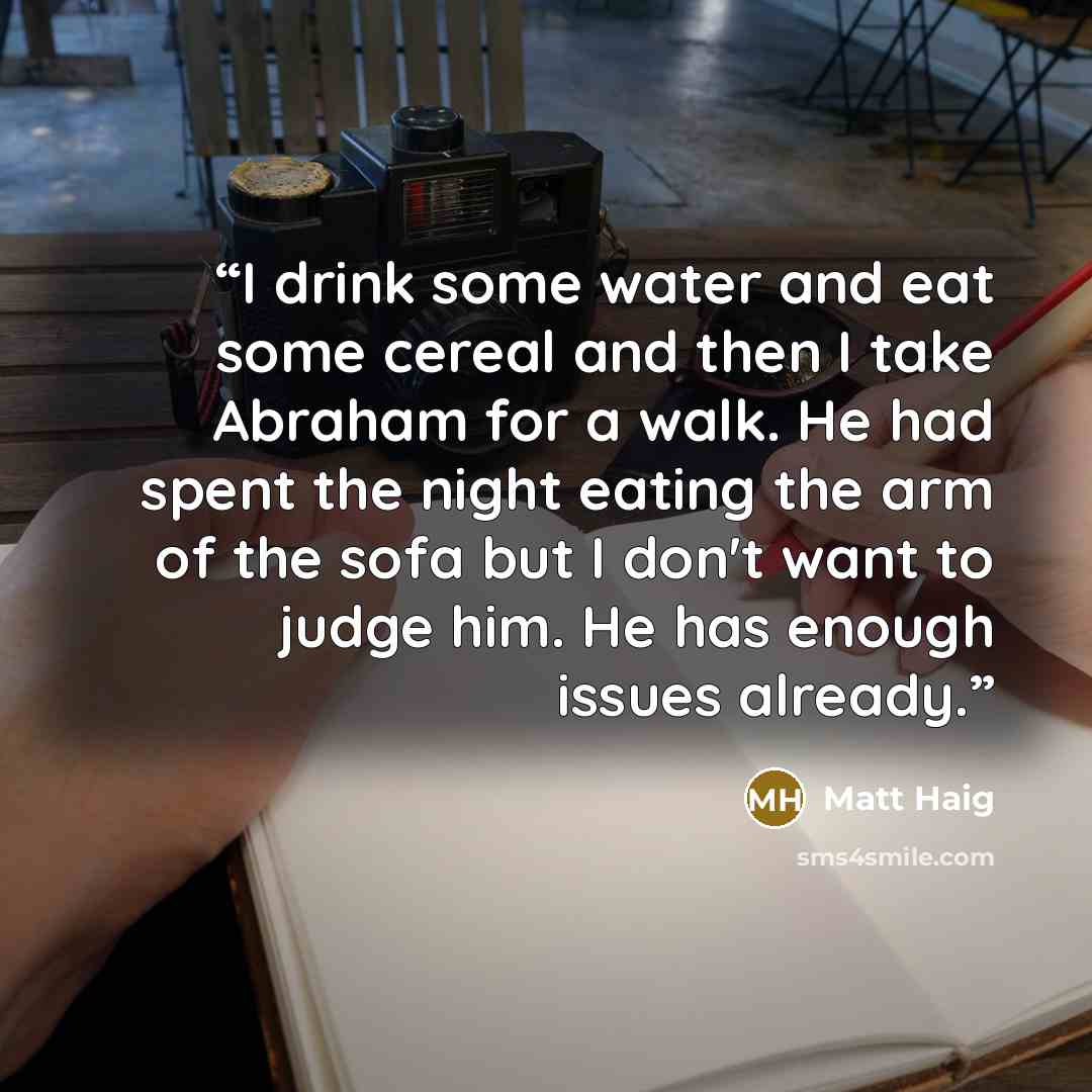 “I drink some water and eat some cereal and then I take Abraham for a walk. He had spent the night eating the arm of the sofa but I don't want to judge him. He has enough issues already.” quote by Matt Haig