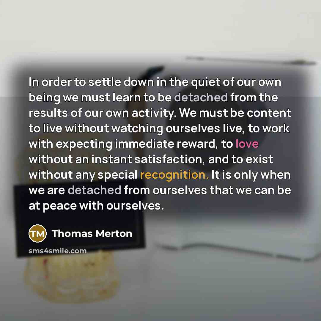 “In order to settle down in the quiet of our own being we must learn to be detached from the results of our own activity. We must be content to live without watching ourselves live, to work with expecting immediate reward, to love without an instant satisfaction, and to exist without any special…” quote by Thomas Merton