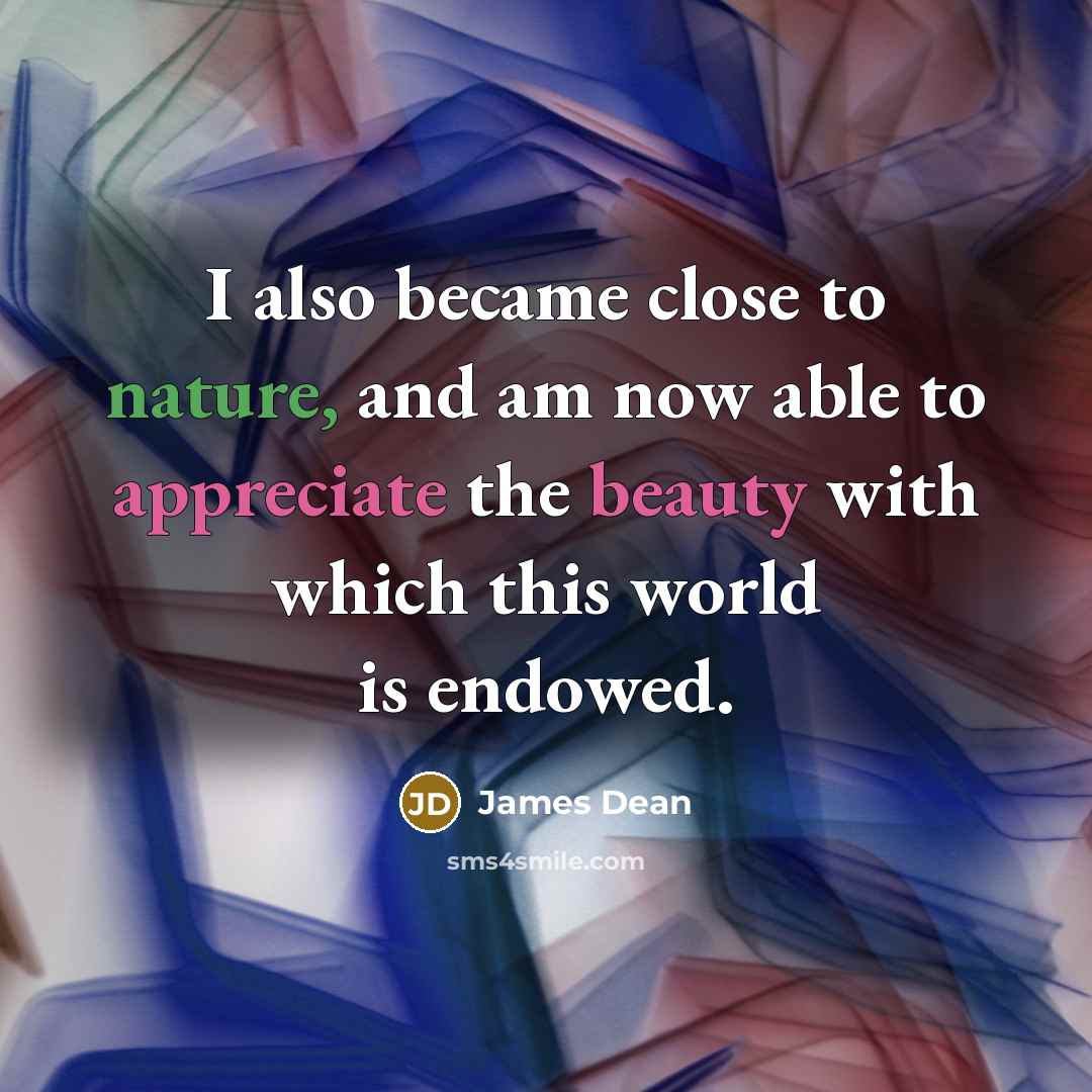 “I also became close to nature, and am now able to appreciate the beauty with which this world is endowed.” quote by James Dean