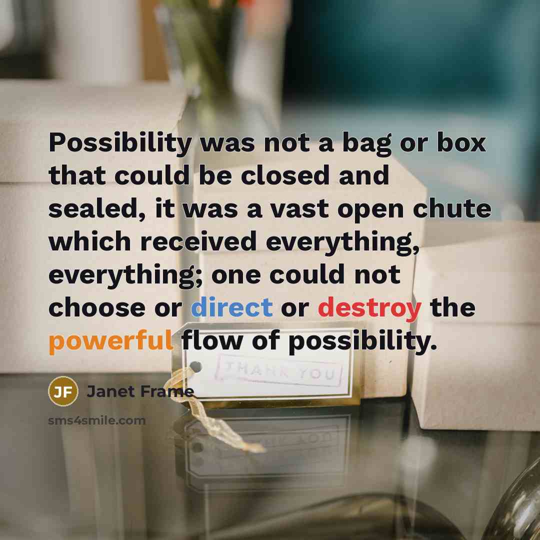“Possibility was not a bag or box that could be closed and sealed, it was a vast open chute which received everything, everything; one could not choose or direct or destroy the powerful flow of possibility.” quote by Janet Frame