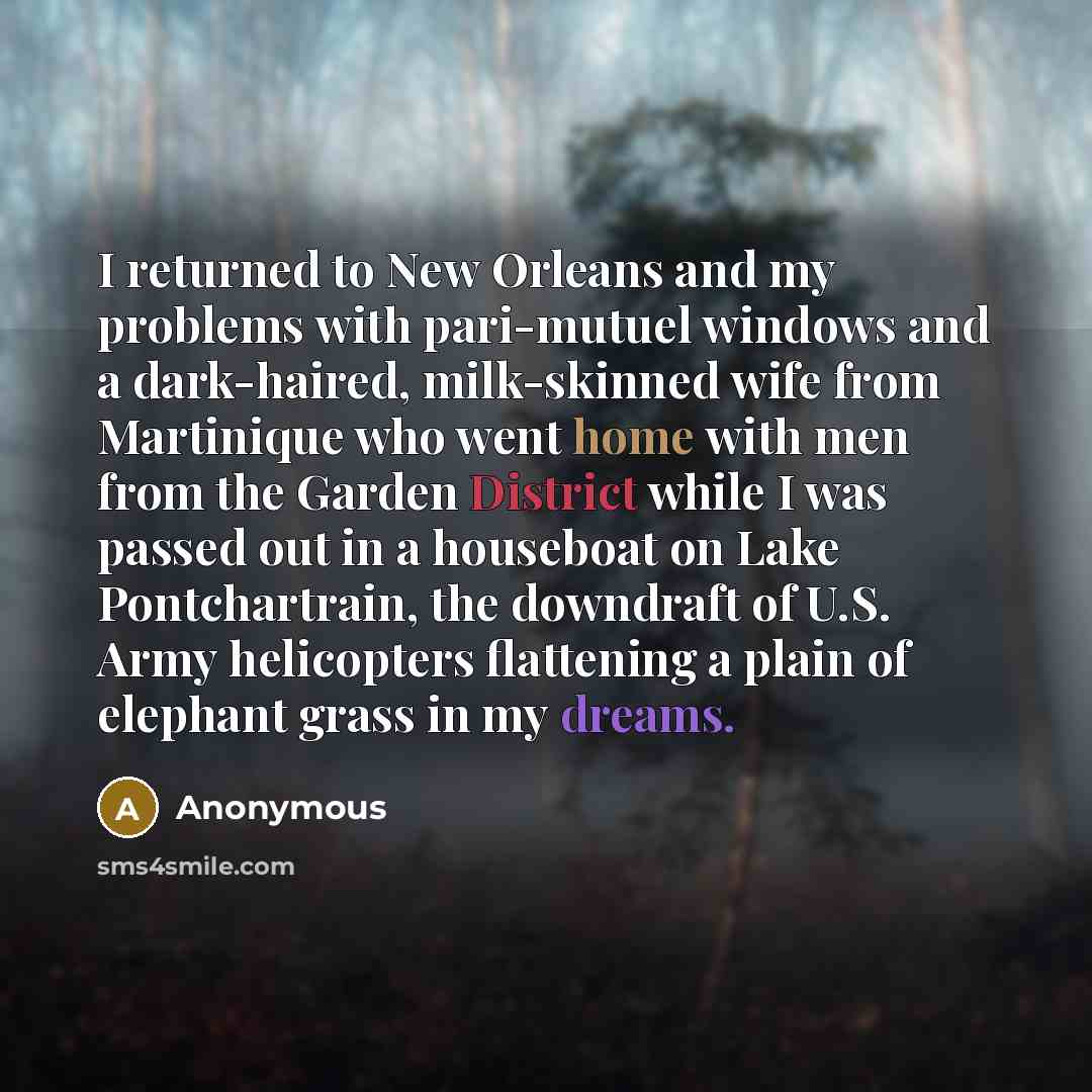 “I returned to New Orleans and my problems with pari-mutuel windows and a dark-haired, milk-skinned wife from Martinique who went home with men from the Garden District while I was passed out in a houseboat on Lake Pontchartrain, the downdraft of U.S. Army helicopters flattening a plain of elephant…” quote by Anonymous
