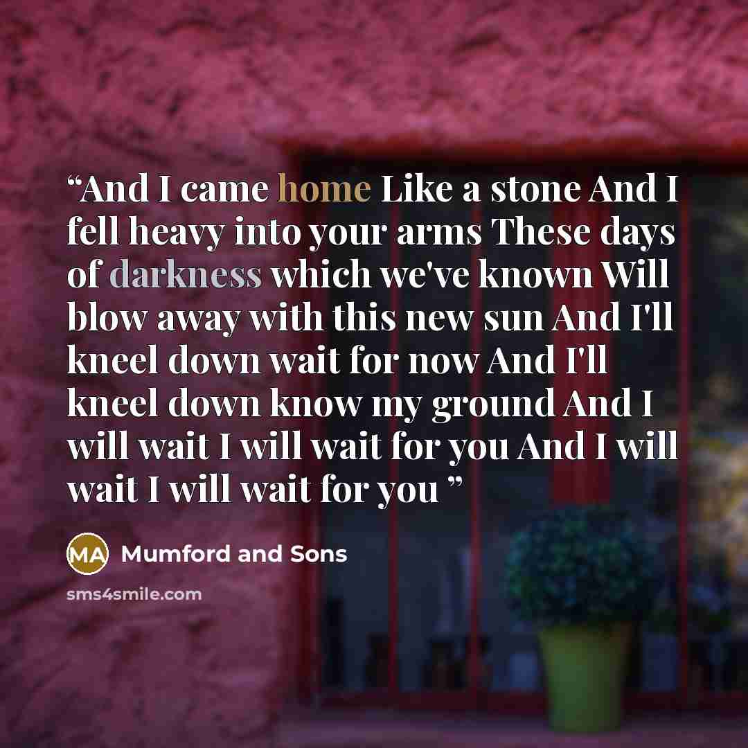 “And I came home Like a stone And I fell heavy into your arms These days of darkness which we've known Will blow away with this new sun And I'll kneel down wait for now And I'll kneel down know my ground And I will wait I will wait for you And I will wait I will wait for you” quote by Mumford and Sons