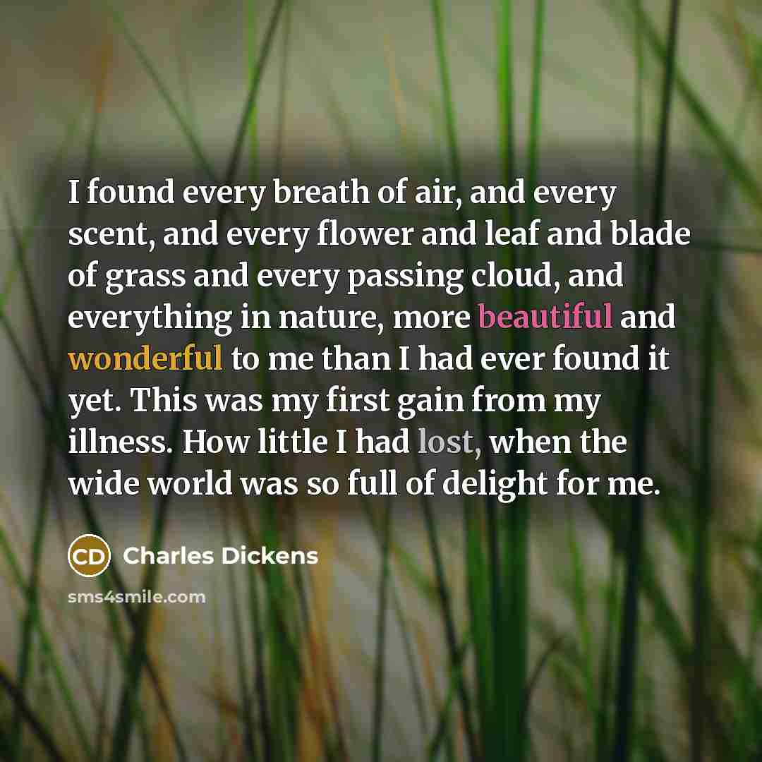 “I found every breath of air, and every scent, and every flower and leaf and blade of grass and every passing cloud, and everything in nature, more beautiful and wonderful to me than I had ever found it yet. This was my first gain from my illness. How little I had lost, when the wide world was so…” quote by Charles Dickens