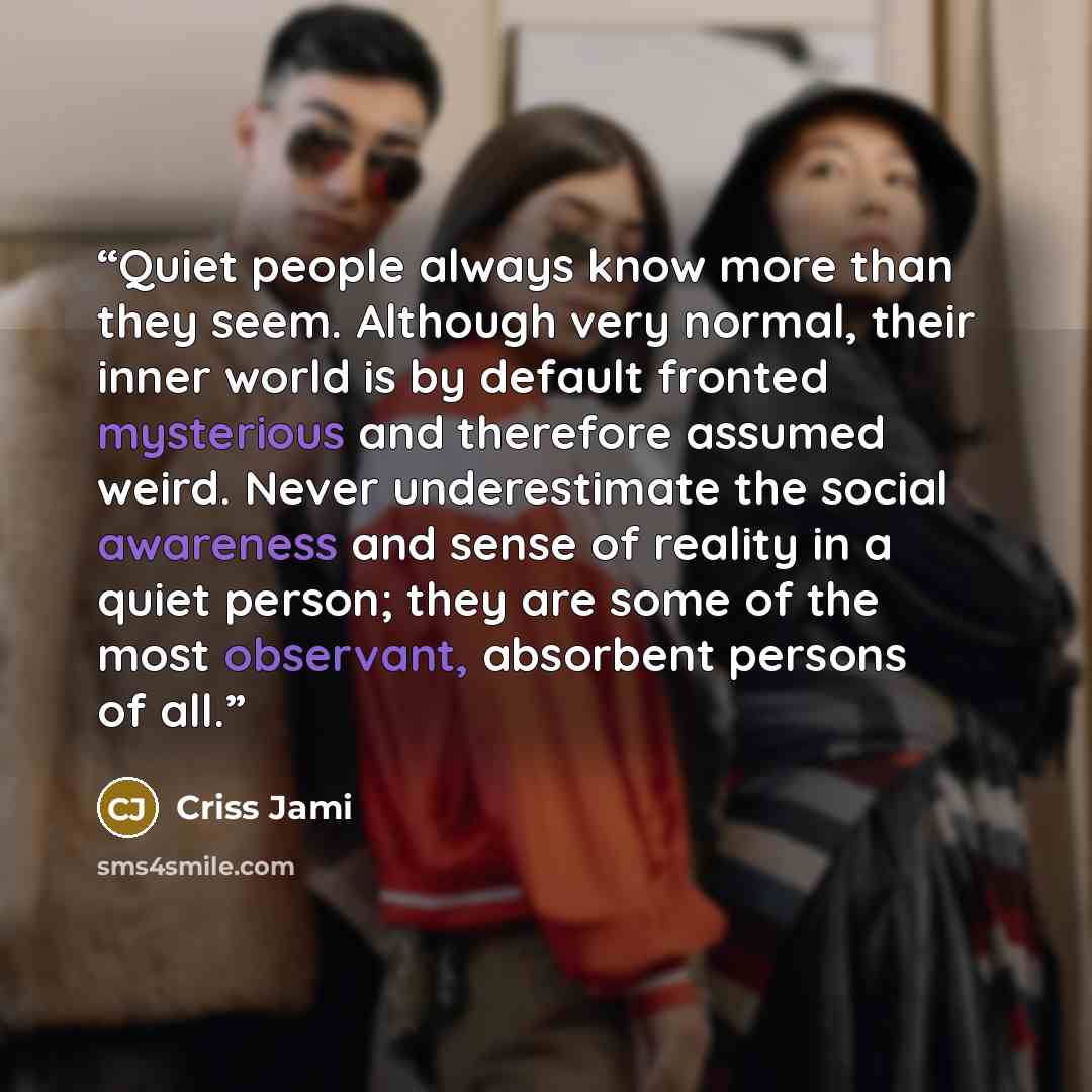 “Quiet people always know more than they seem. Although very normal, their inner world is by default fronted mysterious and therefore assumed weird. Never underestimate the social awareness and sense of reality in a quiet person; they are some of the most observant, absorbent persons of all.” quote by Criss Jami