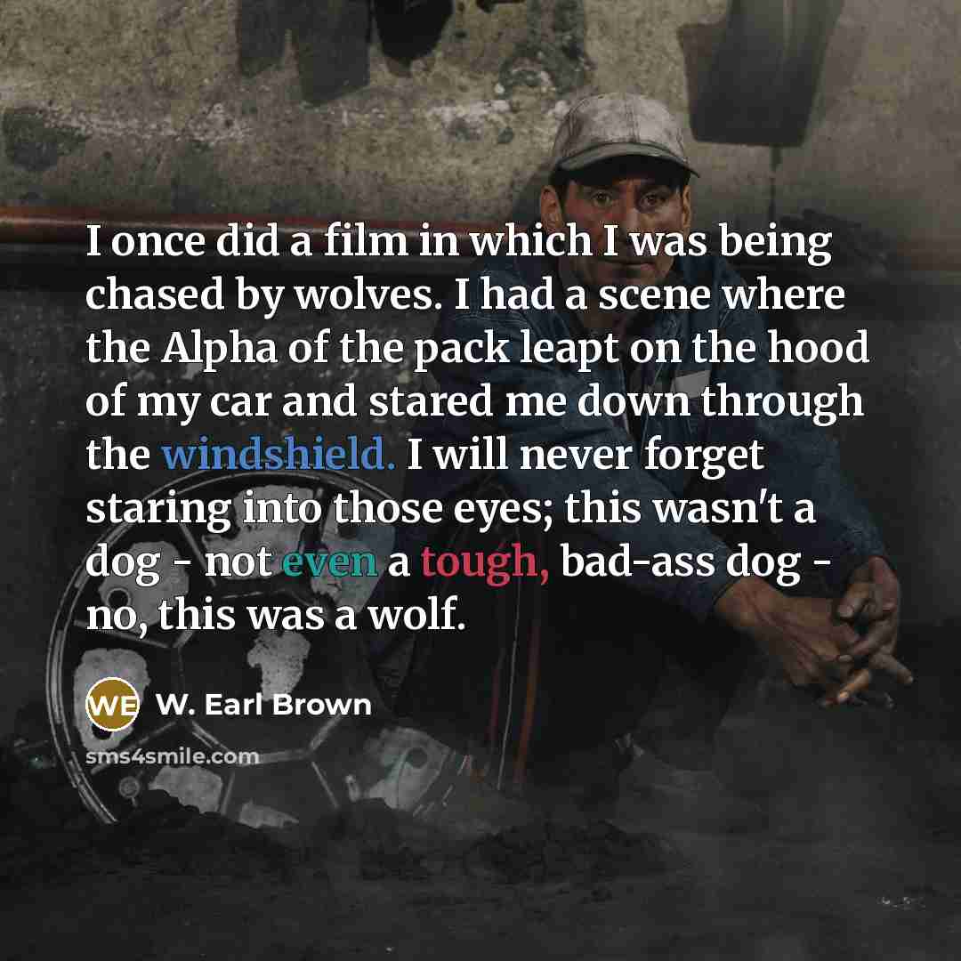 “I once did a film in which I was being chased by wolves. I had a scene where the Alpha of the pack leapt on the hood of my car and stared me down through the windshield. I will never forget staring into those eyes; this wasn't a dog - not even a tough, bad-ass dog - no, this was a wolf.” quote by W. Earl Brown