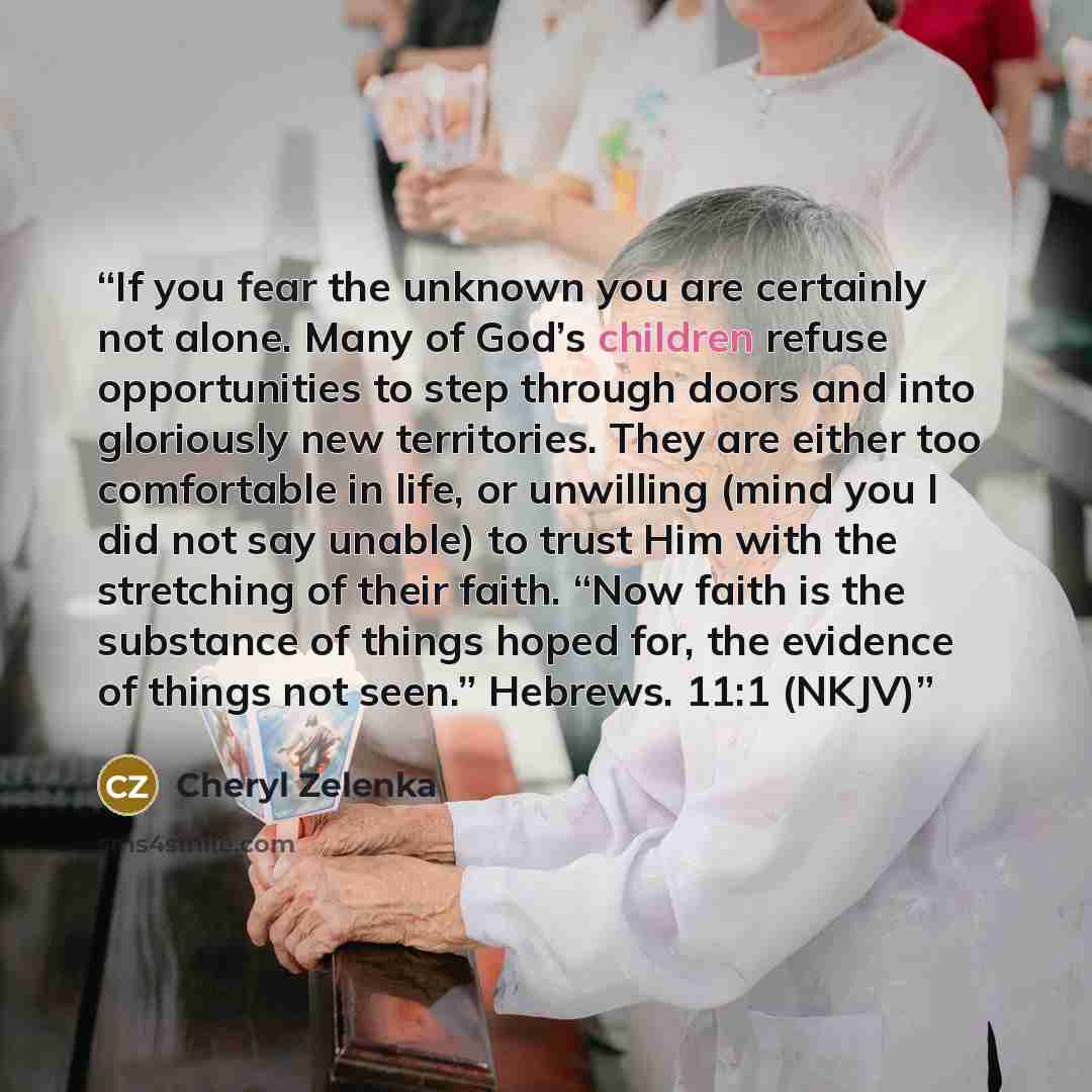 “If you fear the unknown you are certainly not alone. Many of God’s children refuse opportunities to step through doors and into gloriously new territories. They are either too comfortable in life, or unwilling (mind you I did not say unable) to trust Him with the stretching of their faith. “Now…” quote by Cheryl Zelenka
