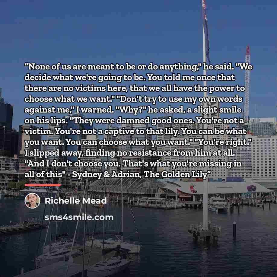 “None of us are meant to be or do anything," he said. "We decide what we're going to be. You told me once that there are no victims here, that we all have the power to choose what we want." "Don't try to use my own words against me," I warned. "Why?" he asked, a slight smile on his lips. "They were…” quote by Richelle Mead