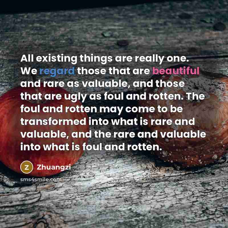 “All existing things are really one. We regard those that are beautiful and rare as valuable, and those that are ugly as foul and rotten. The foul and rotten may come to be transformed into what is rare and valuable, and the rare and valuable into what is foul and rotten.” quote by Zhuangzi