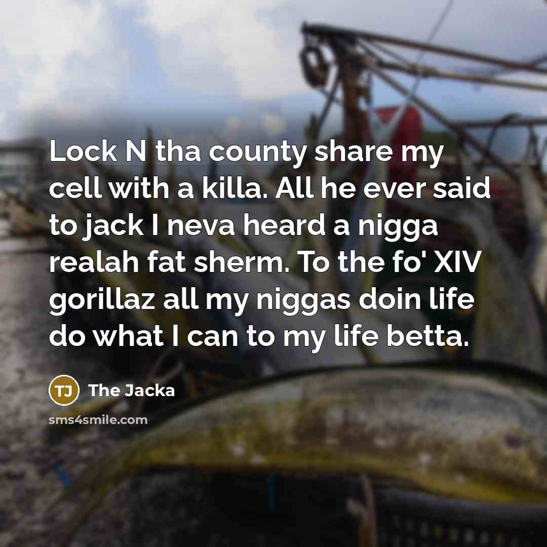 “Lock N tha county share my cell with a killa. All he ever said to jack I neva heard a nigga realah fat sherm. To the fo' XIV gorillaz all my niggas doin life do what I can to my life betta.” quote by The Jacka