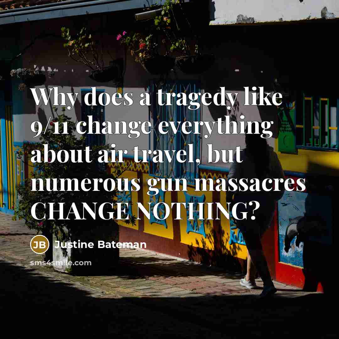 “Why does a tragedy like 9/11 change everything about air travel, but numerous gun massacres CHANGE NOTHING?” quote by Justine Bateman