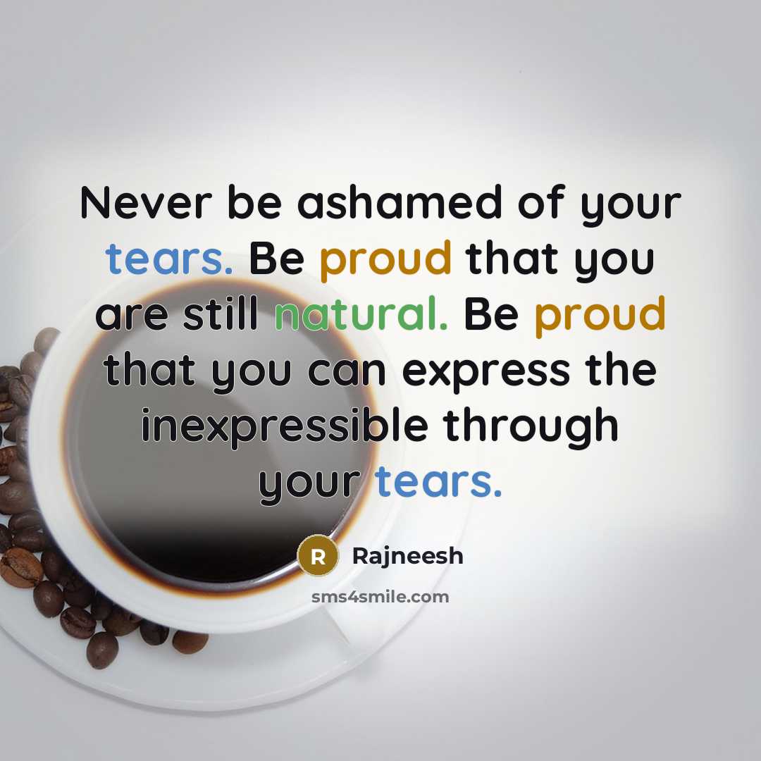 “Never be ashamed of your tears. Be proud that you are still natural. Be proud that you can express the inexpressible through your tears.” quote by Rajneesh