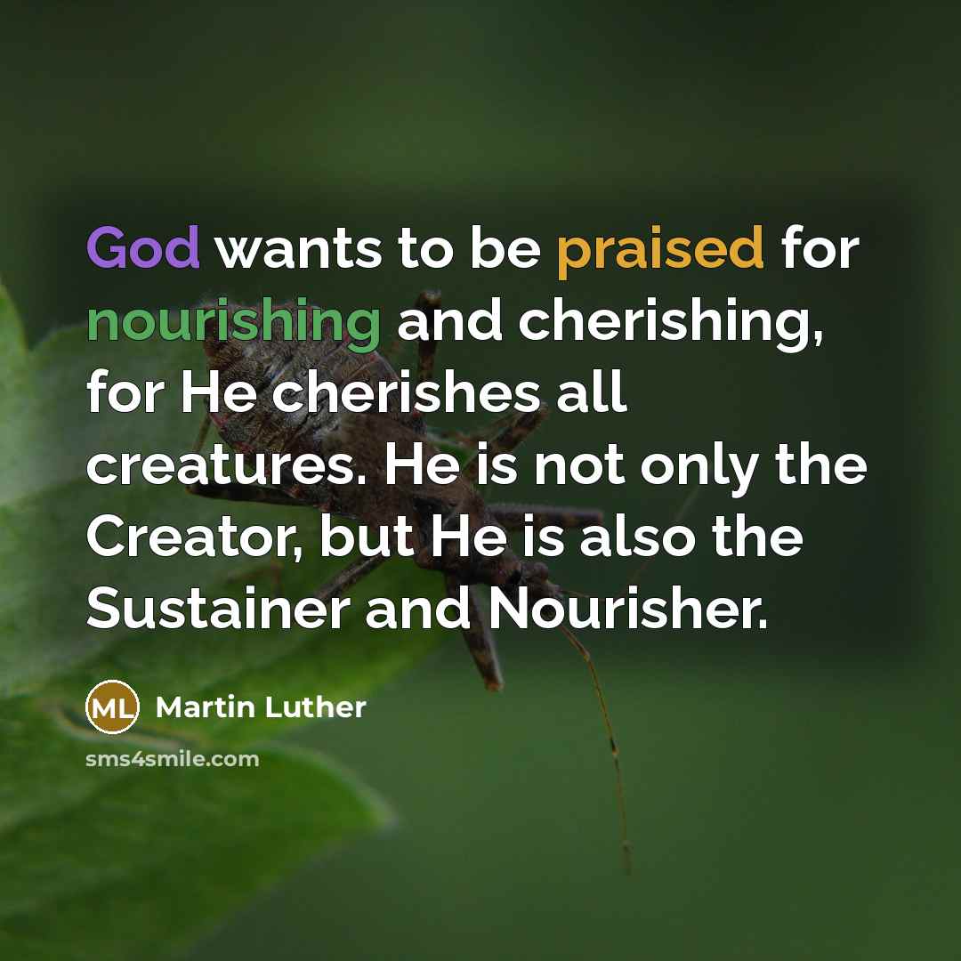 “God wants to be praised for nourishing and cherishing, for He cherishes all creatures. He is not only the Creator, but He is also the Sustainer and Nourisher.” quote by Martin Luther