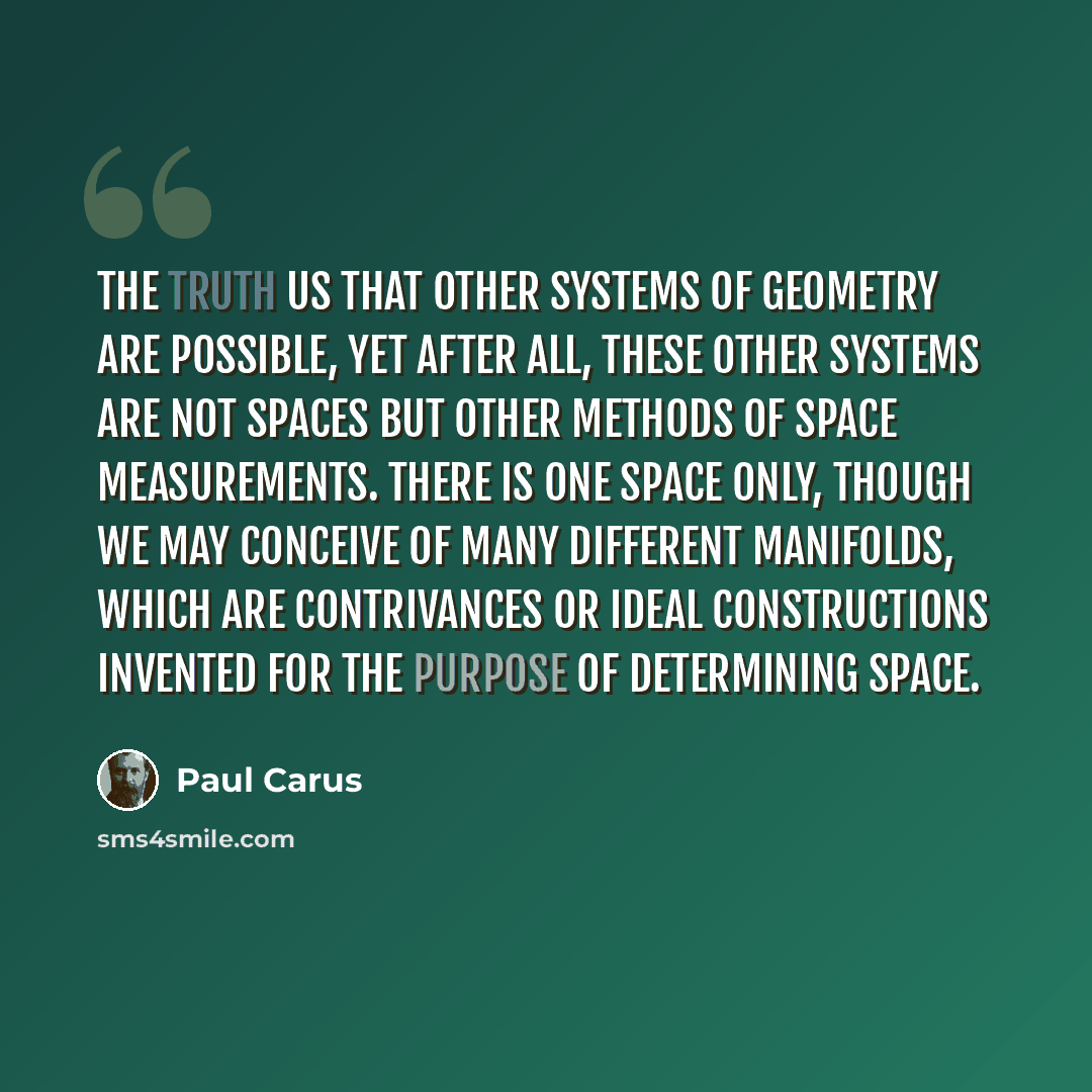 “The truth us that other systems of geometry are possible, yet after all, these other systems are not spaces but other methods of space measurements. There is one space only, though we may conceive of many different manifolds, which are contrivances or ideal constructions invented for the purpose…” quote by Paul Carus