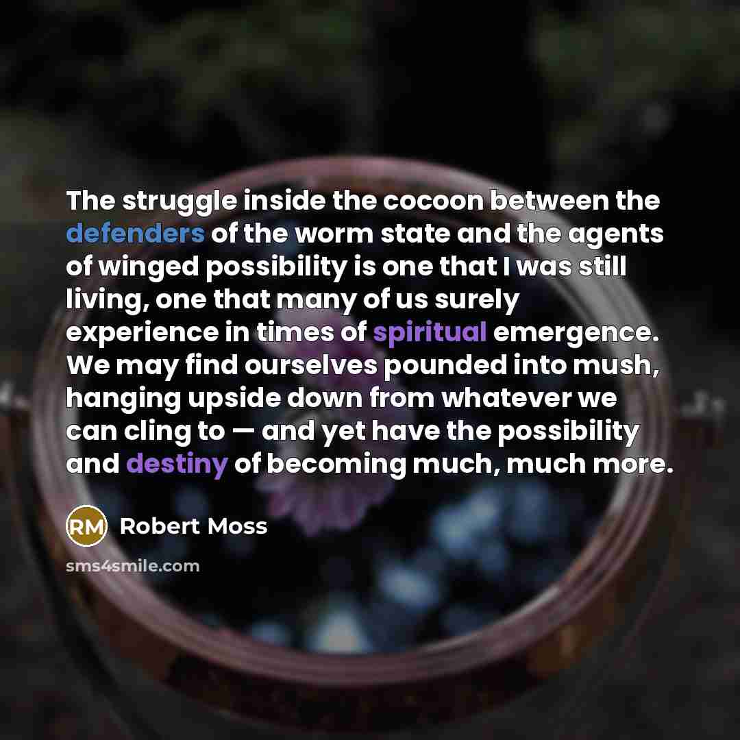 “The struggle inside the cocoon between the defenders of the worm state and the agents of winged possibility is one that I was still living, one that many of us surely experience in times of spiritual emergence. We may find ourselves pounded into mush, hanging upside down from whatever we can cling…” quote by Robert Moss