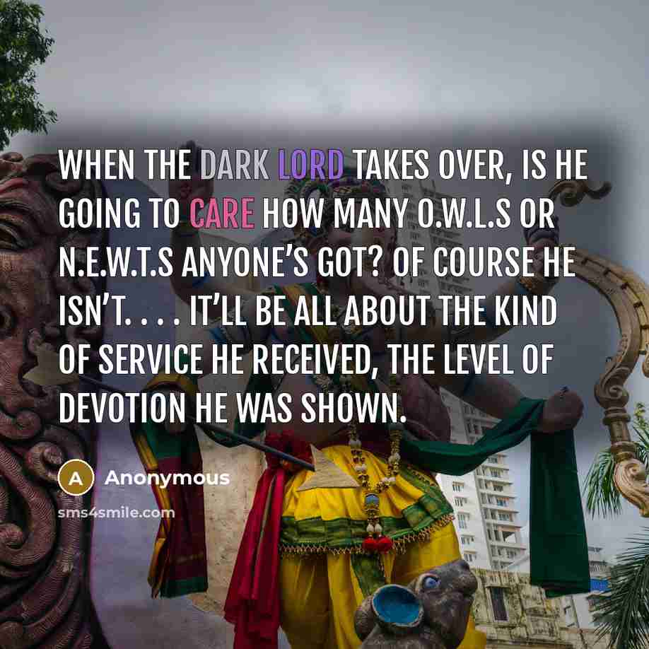 “When the Dark Lord takes over, is he going to care how many O.W.L.s or N.E.W.T.s anyone’s got? Of course he isn’t. . . . It’ll be all about the kind of service he received, the level of devotion he was shown.” quote by Anonymous