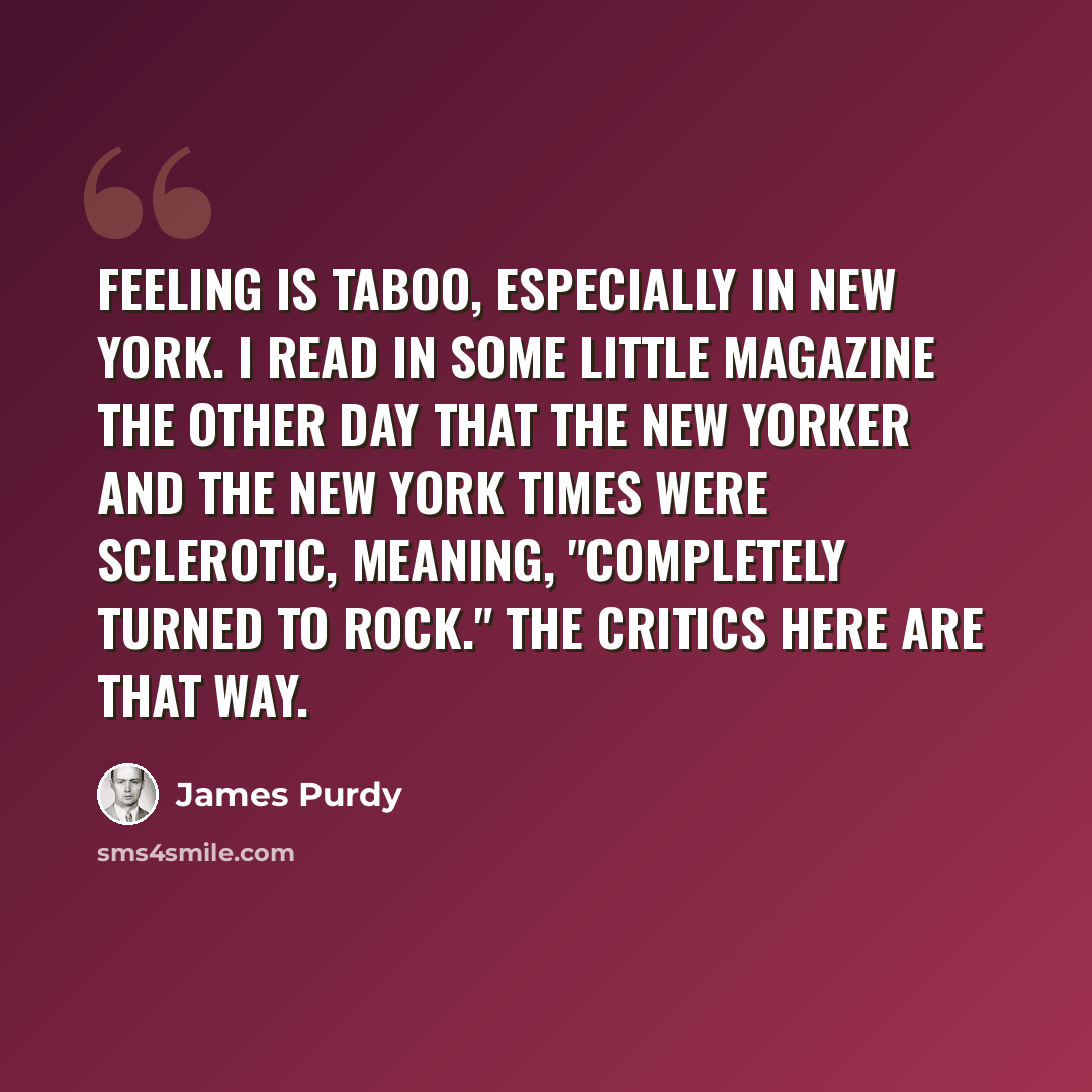 “Feeling is taboo, especially in New York. I read in some little magazine the other day that The New Yorker and The New York Times were sclerotic, meaning, "completely turned to rock." The critics here are that way.” quote by James Purdy