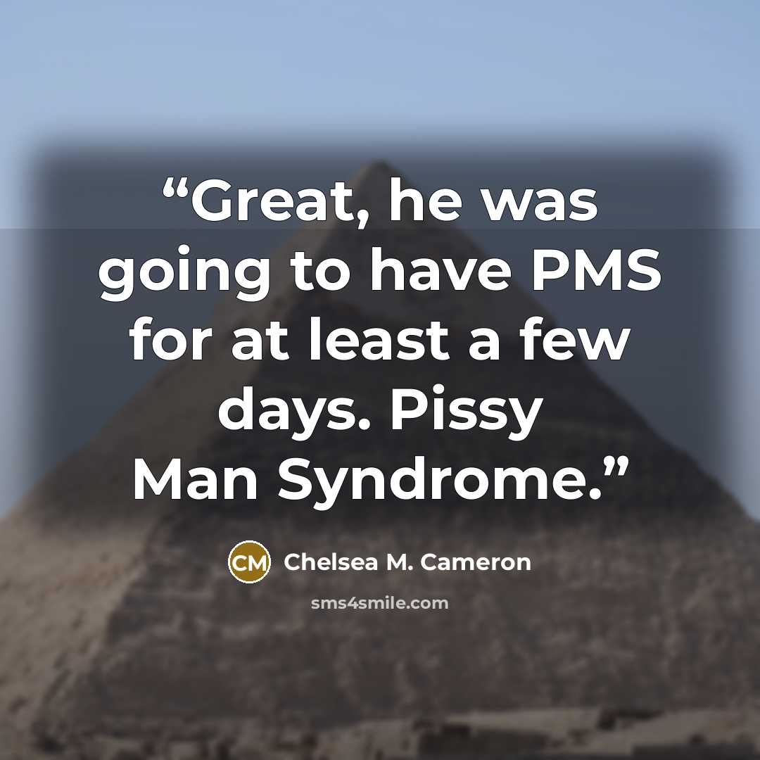 “Great, he was going to have PMS for at least a few days. Pissy Man Syndrome.” quote by Chelsea M. Cameron
